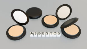 3D render of "ASBESTOS" on white blocks over an open makeup compact. It highlights the dangerous presence of asbestos fibers in talc-based cosmetic powders.